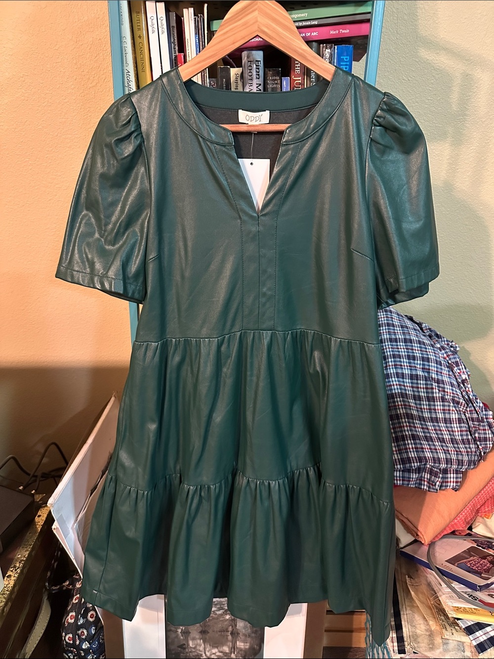 ODDY Hunter Green Faux Leather Tiered Dress
